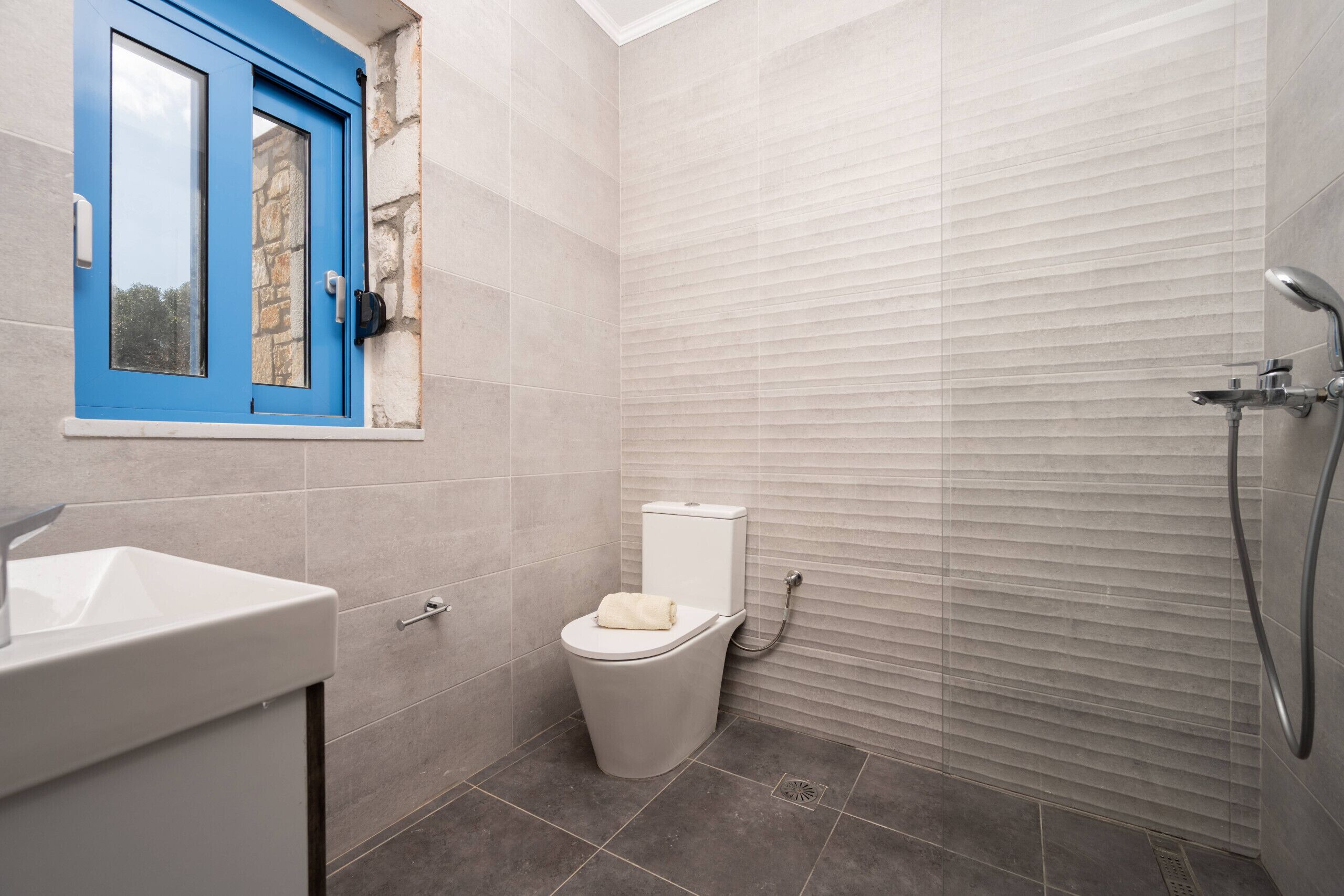 Shower, hair dryer, towels, toilet paper
