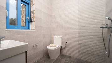 Shower, hair dryer, towels, toilet paper
