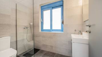 Shower, hair dryer, towels, toilet paper