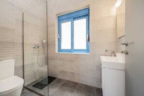 Shower, hair dryer, towels, toilet paper