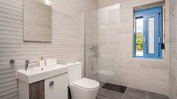 Shower, hair dryer, towels, toilet paper