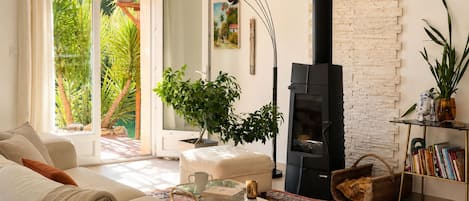 Televisión, chimenea, videojuegos y reproductor de DVD