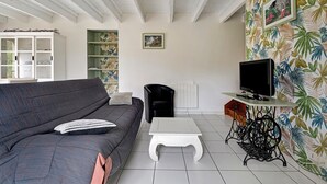 Un salon avec un canapé, un téléviseur posé sur une table, un radiateur et une bibliothèque.