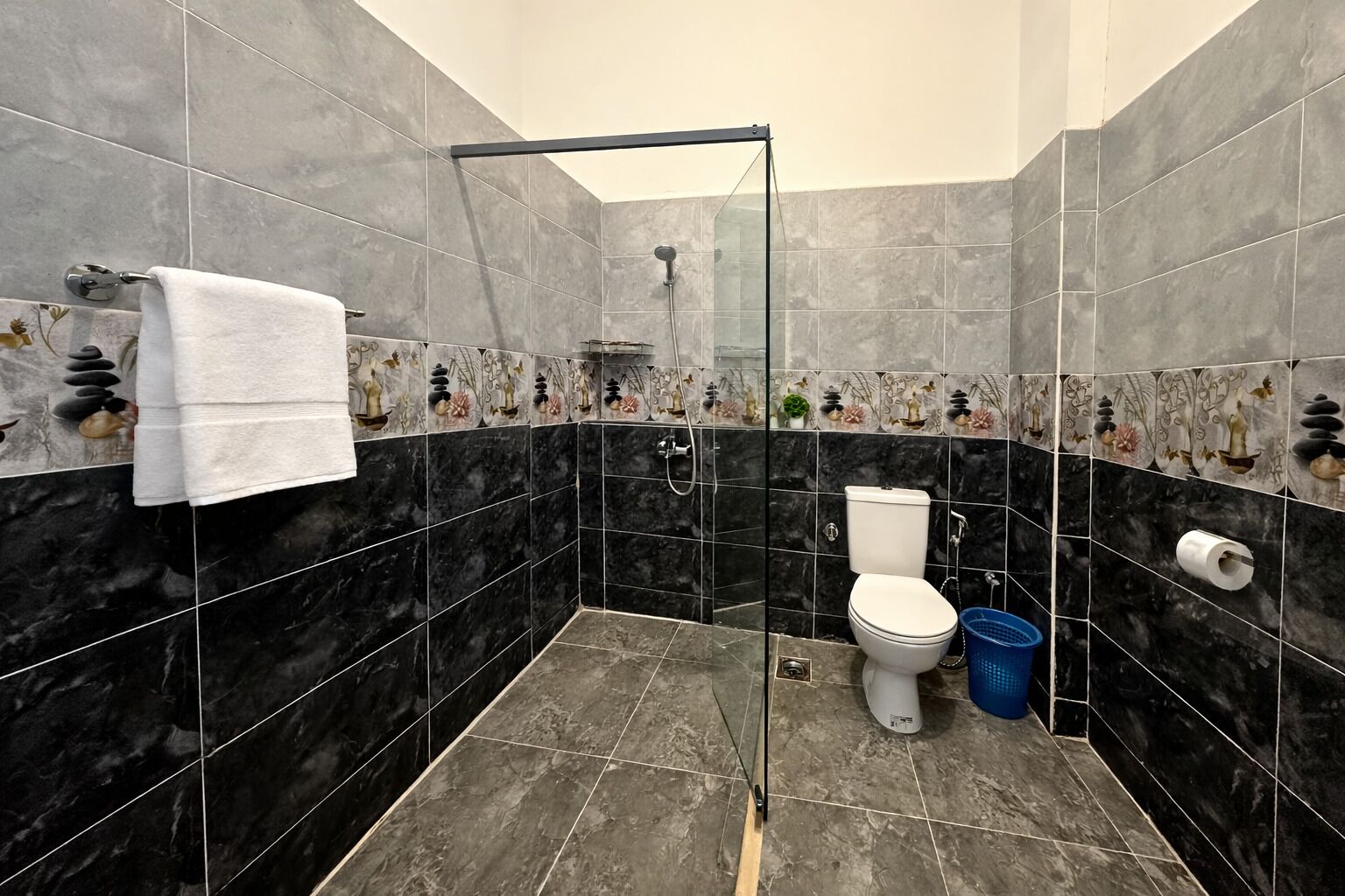 Doccia, asciugamani, sapone, carta igienica