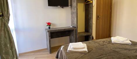 A hotel room with a bed, a desk, a TV, a wardrobe, and a potted plant.