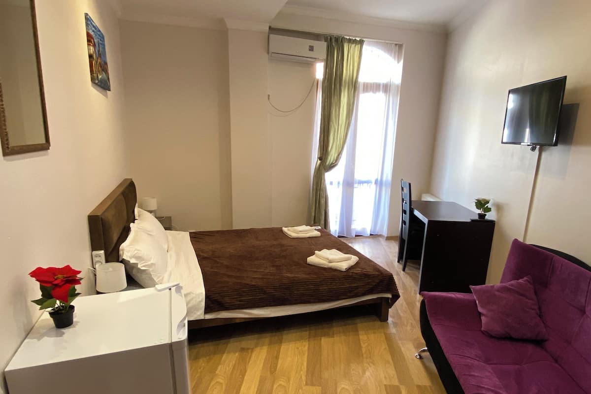 A hotel room with a bed, a desk, a purple sofa, a TV, and a small plant.