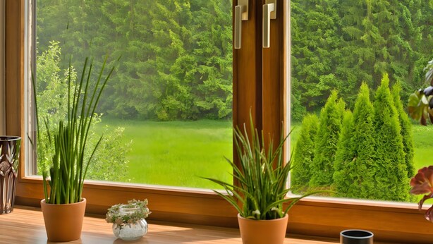 Une fenêtre donnant sur une forêt, deux plantes en pot et un petit vase posé sur une surface en bois.