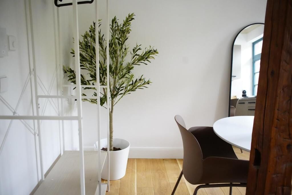 A room with a potted plant, a round table, and a chair.