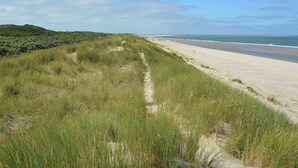 Ein Strand mit Dünen und einem klaren Himmel.