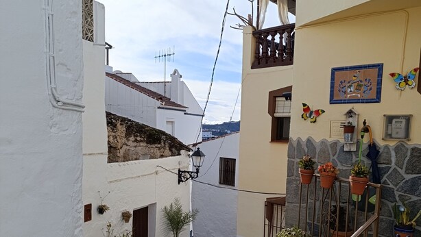 A narrow street with white buildings, stone pavement, and potted plants. - Cozy house in a picturesque white mountain village (Canillas de Albaida)