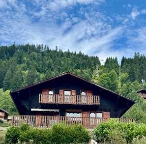 Un chalet en bois doté d’un balcon, entouré d’une végétation luxuriante et situé au pied d’une colline boisée.