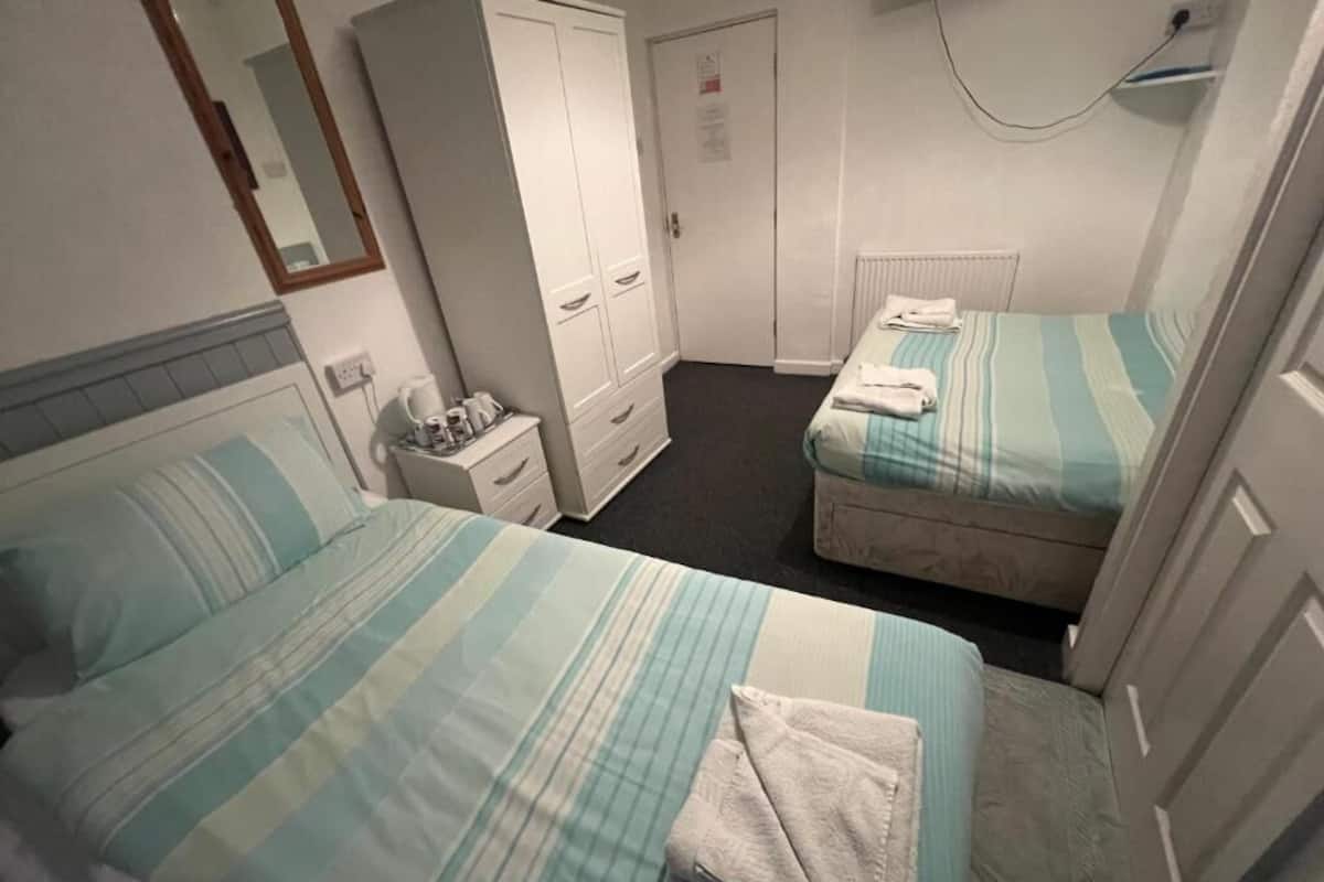 Een kamer met twee bedden, een kledingkast, een spiegel, een radiator en een televisie.