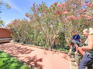 Un chemin bordé d’un côté de verdure et de plantes en fleurs, et de l’autre d’un bâtiment.