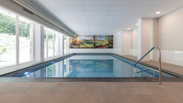 An indoor swimming pool with a view of a landscaped area outside, a mural on the wall, and a metal handrail.