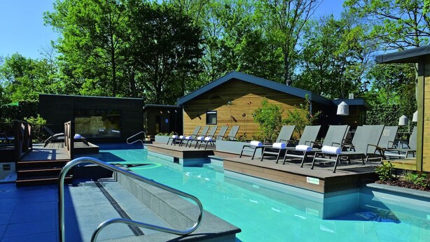 Un espace piscine avec des chaises longues, un chalet en bois et un ciel dégagé.