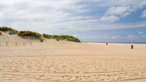 Une plage de sable avec des dunes et une clôture.