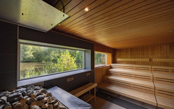 A sauna room with wooden benches, a stone bench, and a window with a view of greenery.