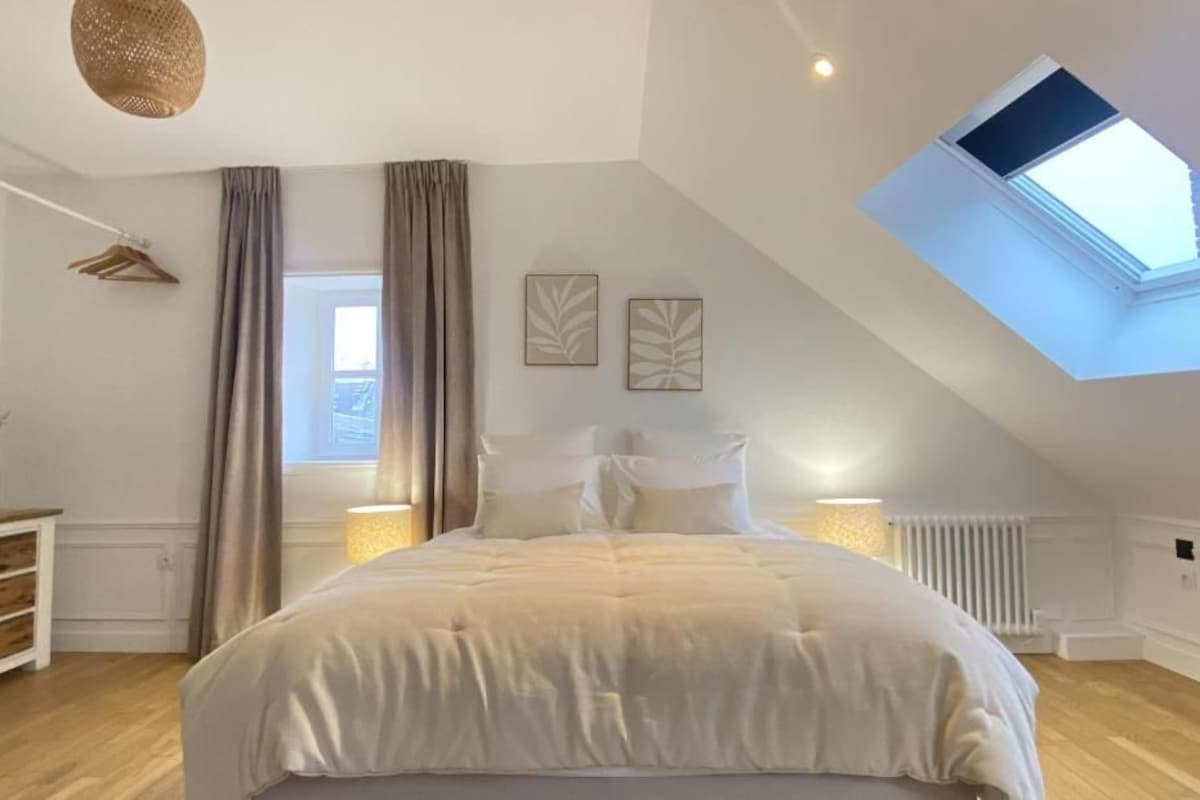 A bedroom with a large bed, a skylight, a radiator, and a dresser.