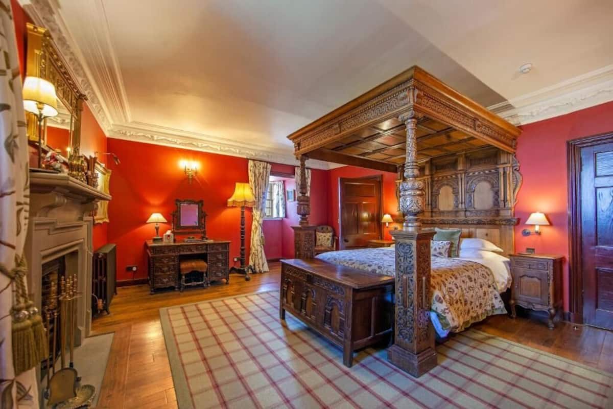 A four-poster bed with intricate woodwork, a fireplace, and a checkered floor.