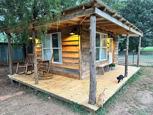 A wooden cabin with a porch, a rocking chair, and a cat on the deck.