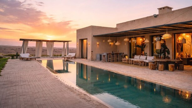 Zona junto a la piscina con sillones de descanso, un bar y un área de estar cubierta.