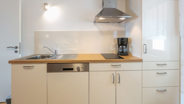 A compact kitchen with a built-in dishwasher, a coffee maker, and a stainless steel range hood. - Alpenblick Apartment (Todtnau)
