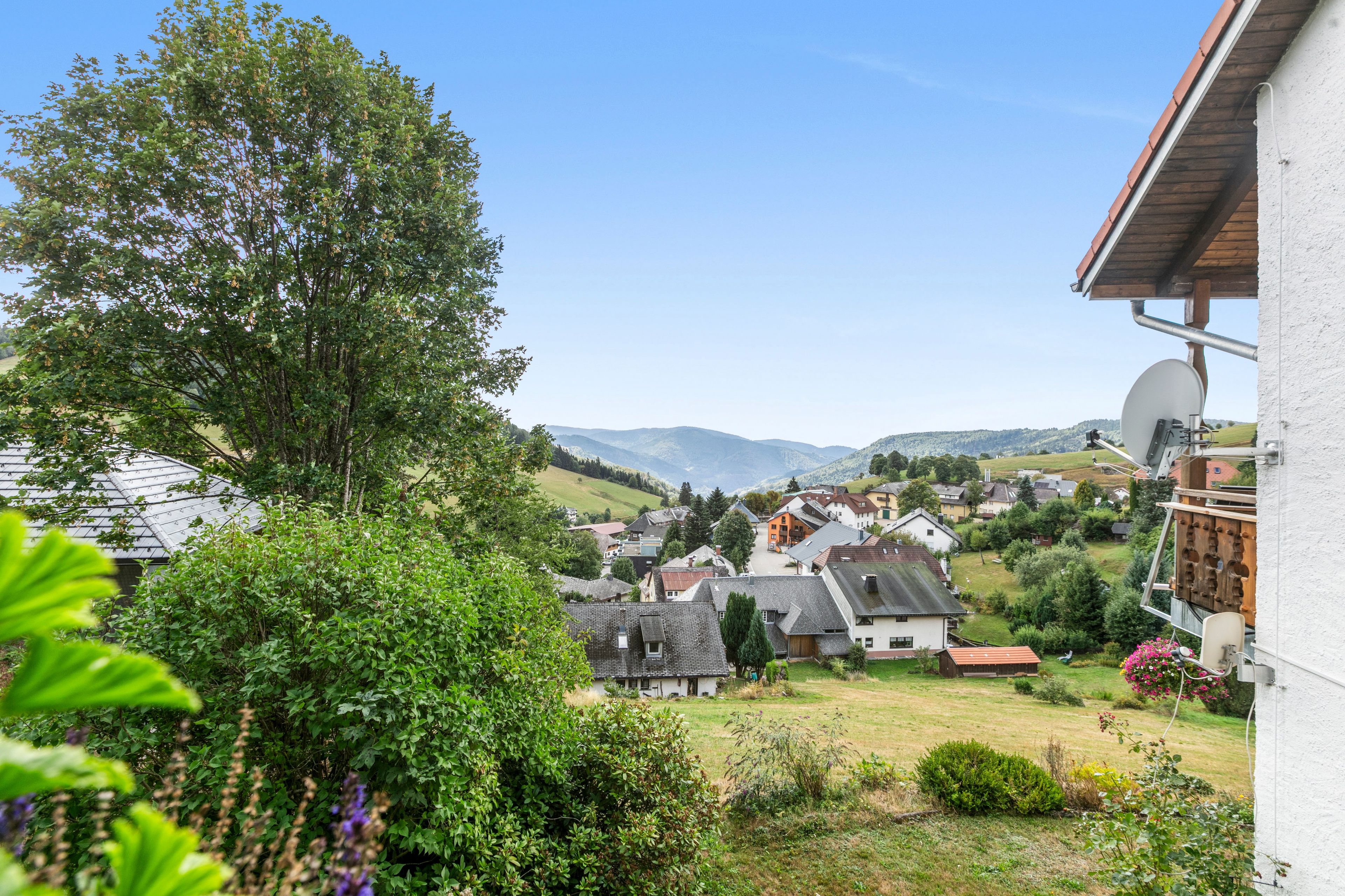 Un quartier résidentiel avec des maisons, un grand arbre et une vue sur des collines lointaines.