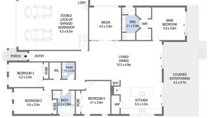 A floor plan with a double lock-up garage/workshop, two bedrooms, a living/dining area, a covered entertaining space, and a kitchen. - Mibilla House in Sussex Inlet (Sussex Inlet)