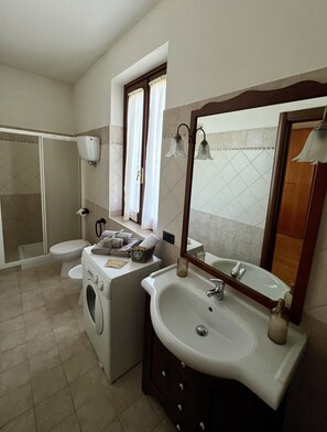 Hair dryer, bidet, towels, soap