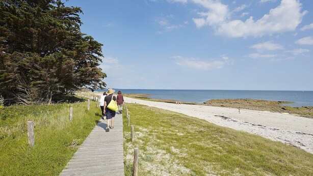 Une promenade en bois menant à une plage, avec un ciel dégagé et une mer calme.