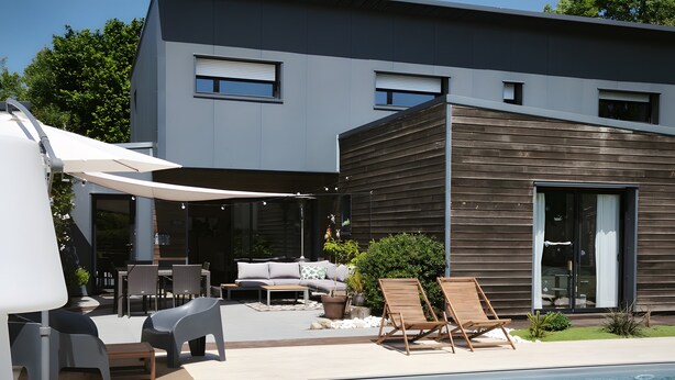 A modern house with a swimming pool, outdoor furniture, and a patio area. - Guest Room 'L'Abri des Flots' with Shared Pool, Terrace, and Wi-Fi (Plouër-sur-Rance)