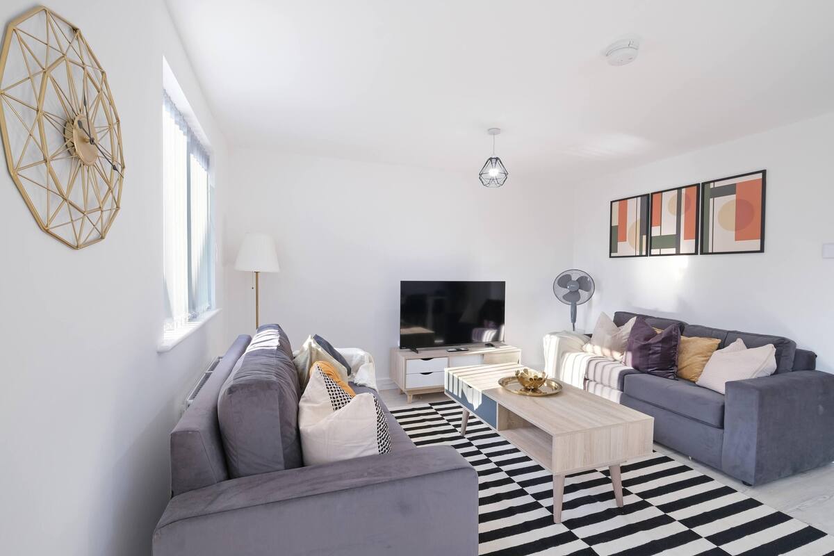 A modern living room with a grey sofa, a coffee table, and a TV. There is a black and white rug on the floor.