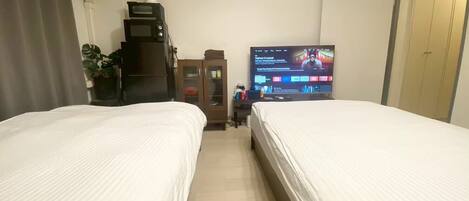 A hotel room with two beds, a television, a wardrobe, and a plant.
