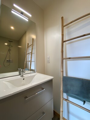 Shower, hair dryer, towels