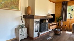 Ein Wohnzimmer mit Kamin, Holzboden, Fernseher und Pflanze.
