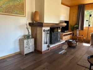 Un salon avec une cheminée, un plancher en bois, un téléviseur et une plante.