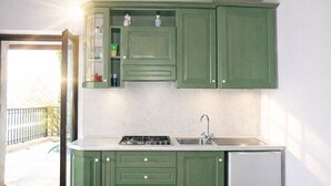 Eine Küche mit grünen Schränken, einem Gasherd, einer Spüle und einem Kühlschrank.