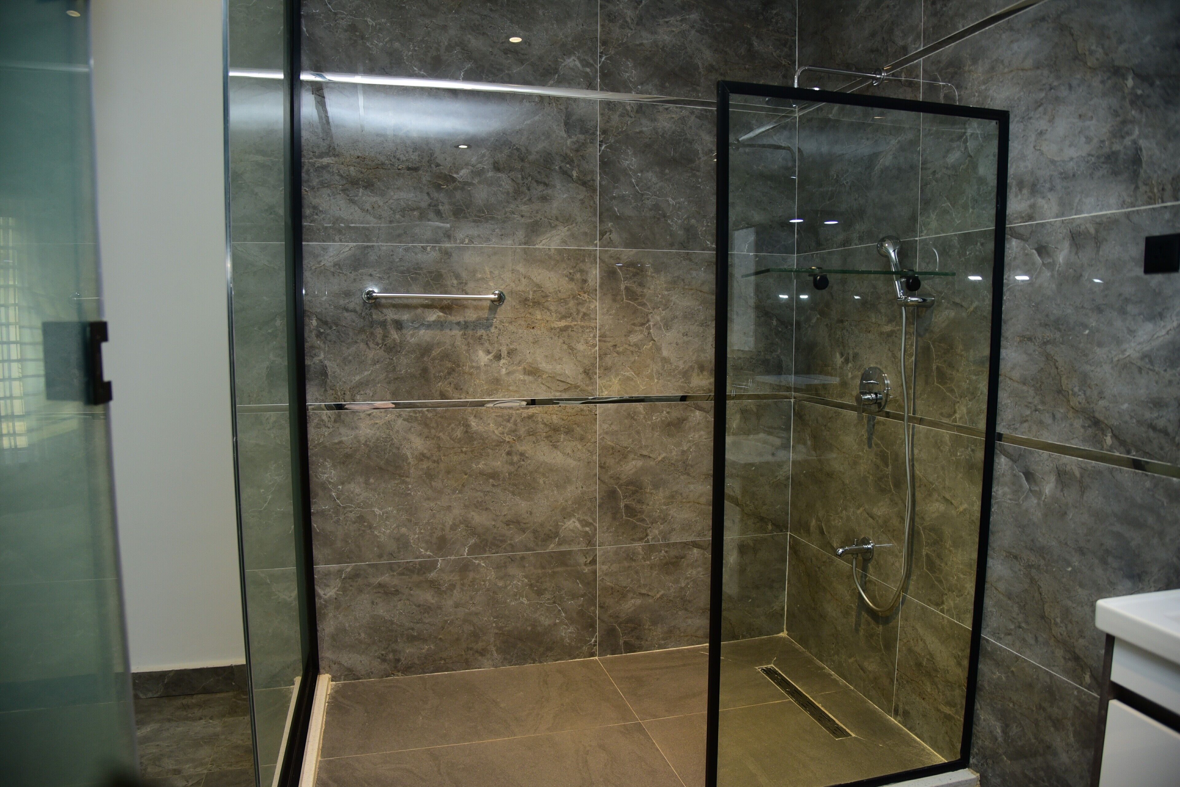 A glass-enclosed shower with a handrail and a glass door.