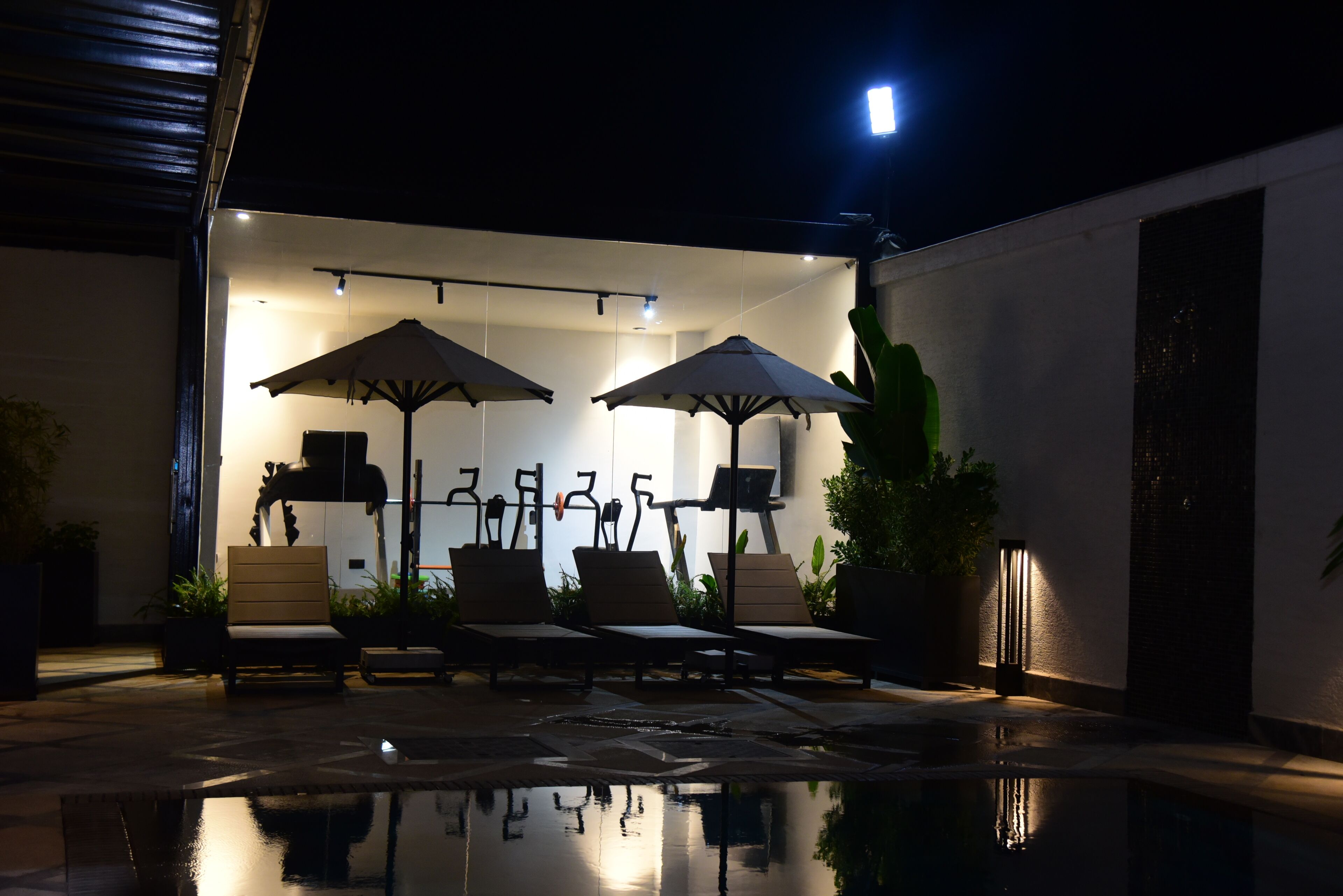 An outdoor pool area with lounge chairs and umbrellas, surrounded by potted plants and a modern architectural design.