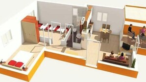 Modernin kerrostaloasunnon 3D-malli, jossa on olohuone, keittiö, ruokailutila ja makuuhuone, jossa on parveke.