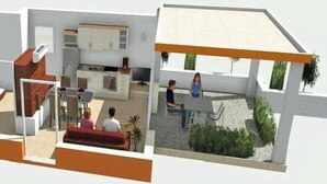 A modern interior with a kitchen, dining area, and a small outdoor seating space. - A1 - Chic One-Bedroom Apartment with Parking and Garden view (Slano)