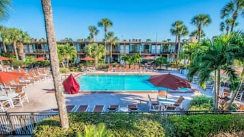 Outdoor pool, pool umbrellas, sun loungers