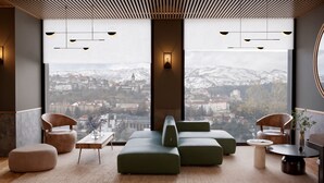 Un salon moderne doté d’une grande fenêtre, de canapés verts, d’une table basse en bois et offrant une vue sur un paysage enneigé.