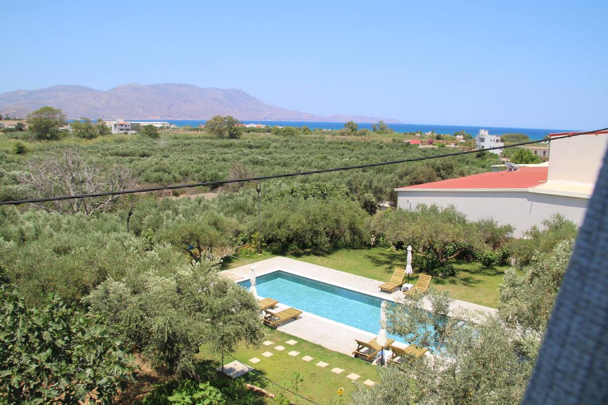 A swimming pool with lounge chairs, surrounded by greenery and a view of the sea and mountains.