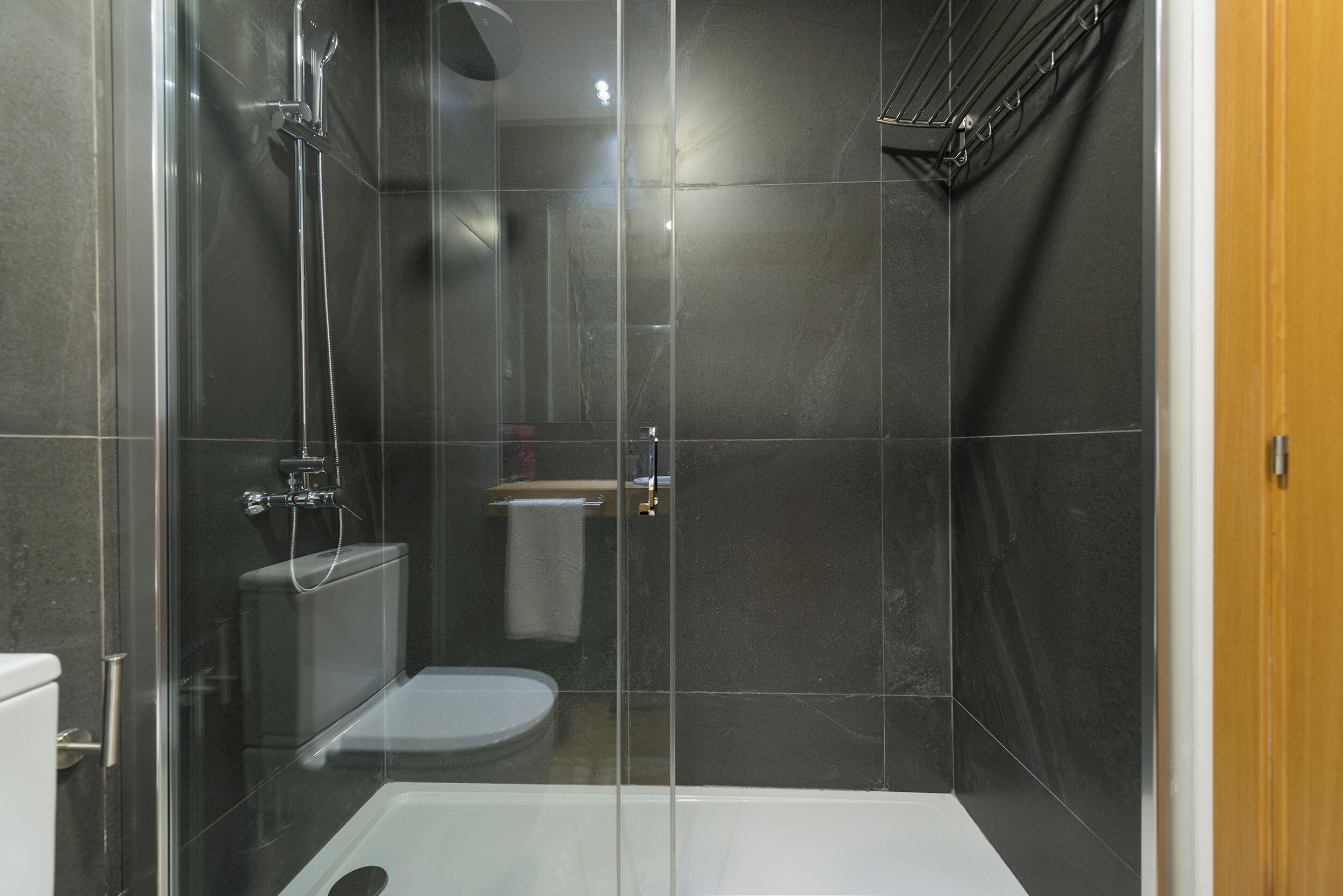 A modern bathroom with a glass-enclosed shower, a toilet, and a bathtub.
