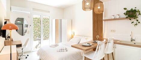 1 bedroom, desk, iron/ironing board, travel cot