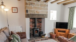 Ein gemütliches Wohnzimmer mit Kamin aus Stein, Ledersofas, einem Fernseher und einem Holzkabinett.