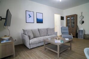 A living room with a grey sofa, a coffee table, a TV, and a cabinet. - Premium 1bdr Temple of Peacefulness (Athina)