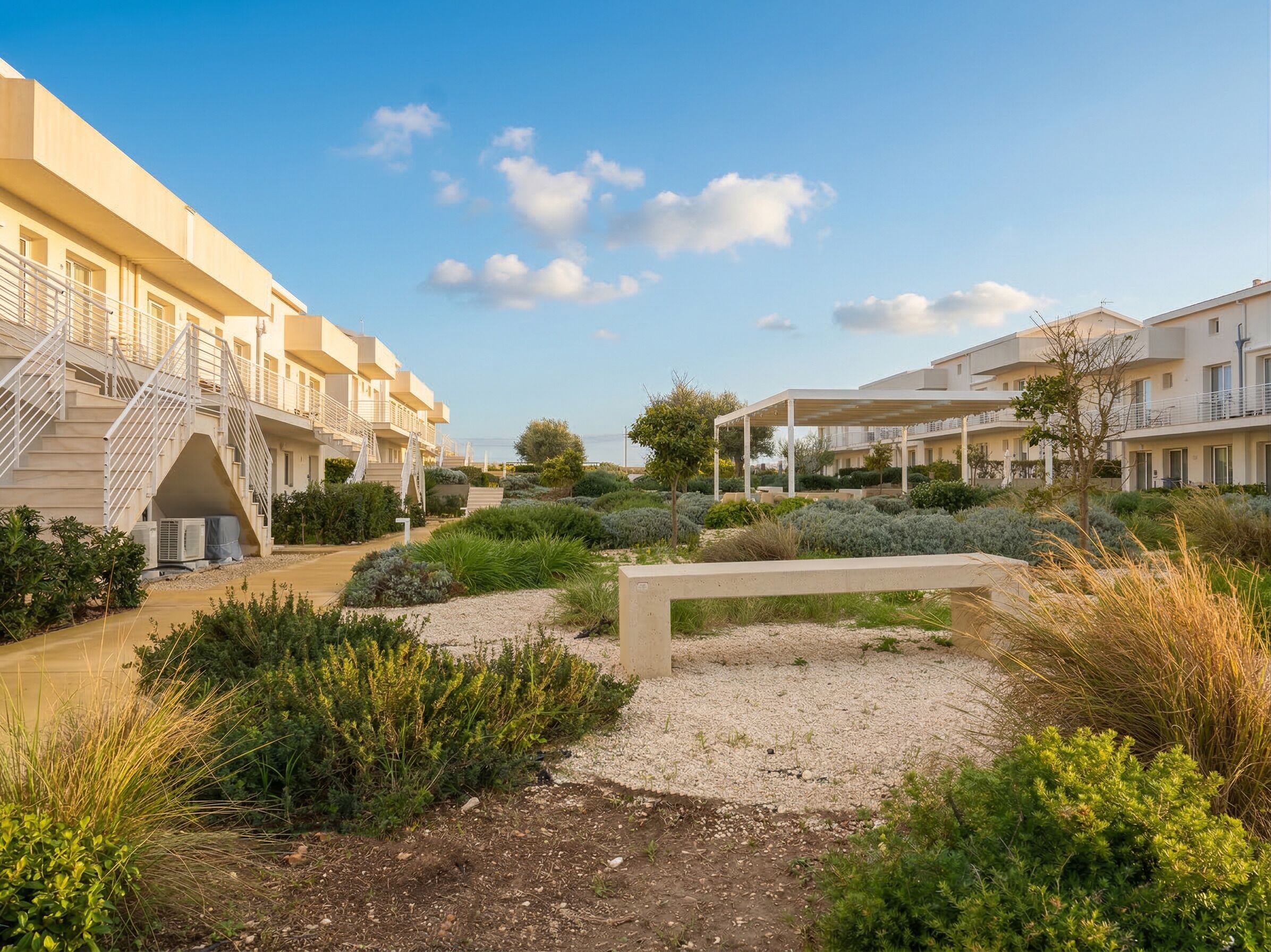 Ein modernes Hotel mit mehreren Etagen, Außenbereichen zum Sitzen und angelegten Gärten.