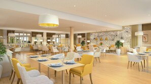A spacious dining area with multiple tables and chairs, large windows, and modern lighting fixtures. - Zenao Appart'hôtels Plaisir (Plaisir)